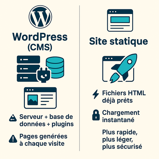 Illustration wordpress VS site statique permettant d'envisager une migration wordpress