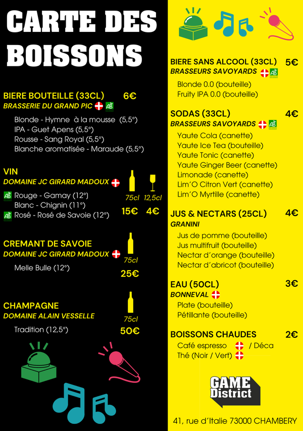 Bar : carte des boissons