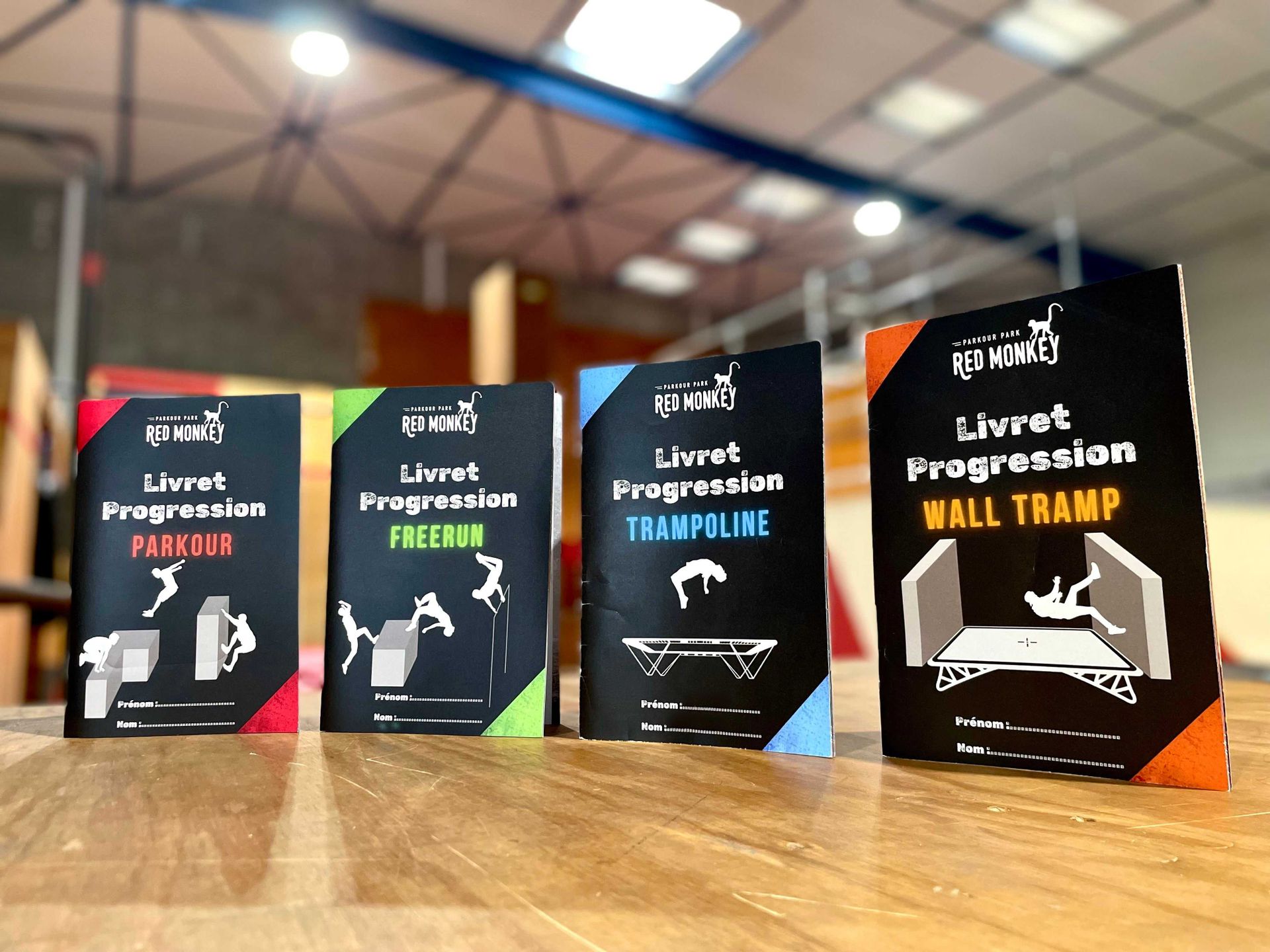 Photo en contre-plongée des 4 carnets d'entraînement